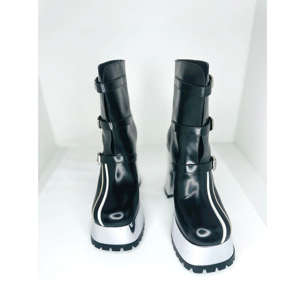 Gucci Platform Ankle Boots Black Leather Stripe Block Heel Chic Size EU 39 - Picture 12 of 12